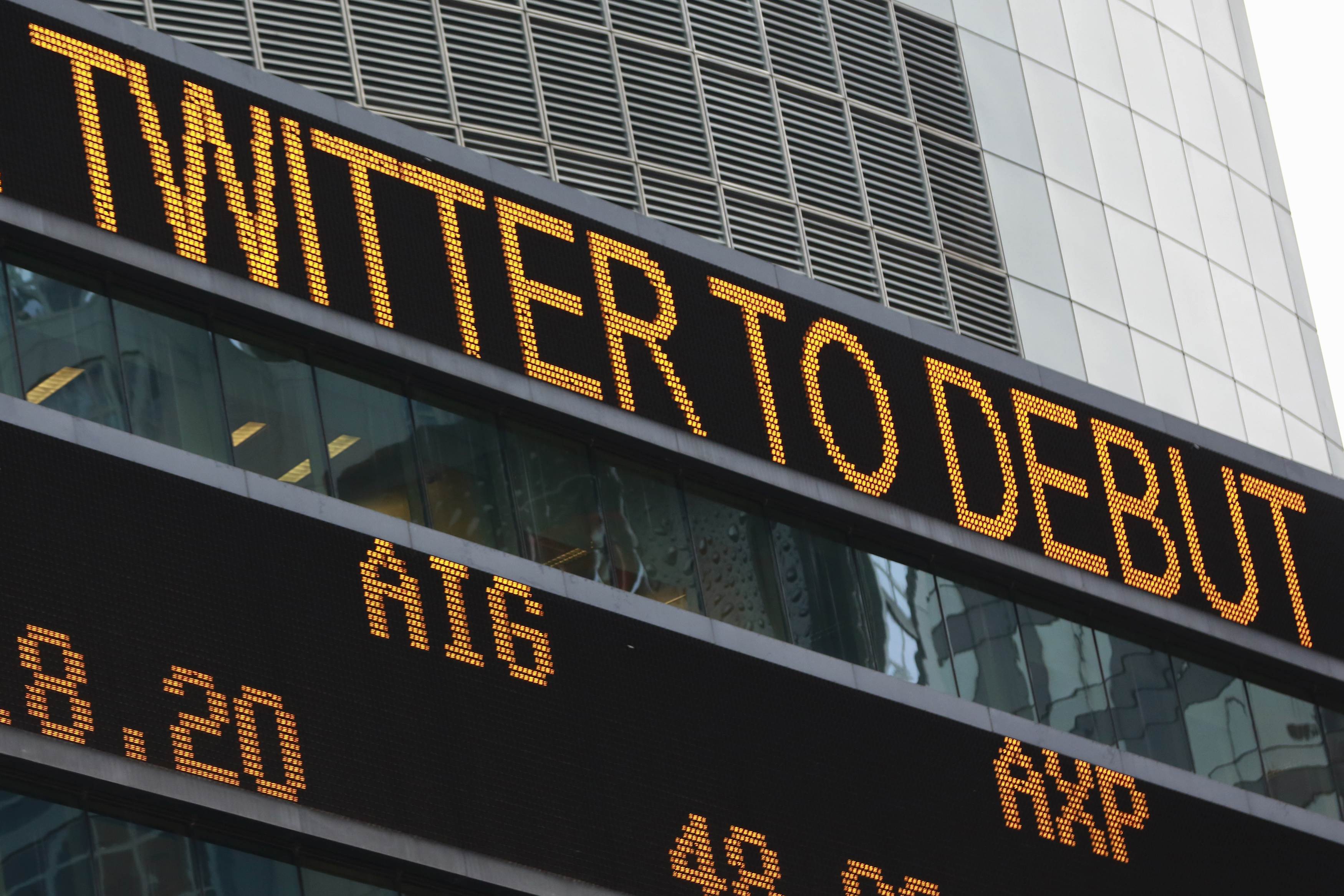Electronic ticker announces the debut of the Twitter IPO at Times Square in...