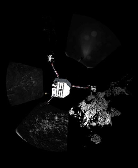 A panoramic image of the surface of Comet 67P/ChuryumovñGerasimenko captured by Rosettaís lander Philae's CIVA-P imaging system, with a sketch of the lander in the configuration the lander team currently believe it is in superimposed on top, is seen in this European Space Agency (ESA) handout image released November 13, 2014. The European probe that landed on the comet in a first for space exploration is resting on the surface despite technical problems, pictures beamed half a billion kilometres (300 million miles) back to Earth showed on Thursday.(ESA/Rosetta/Philae/CIVA/Handout via Reuters)
