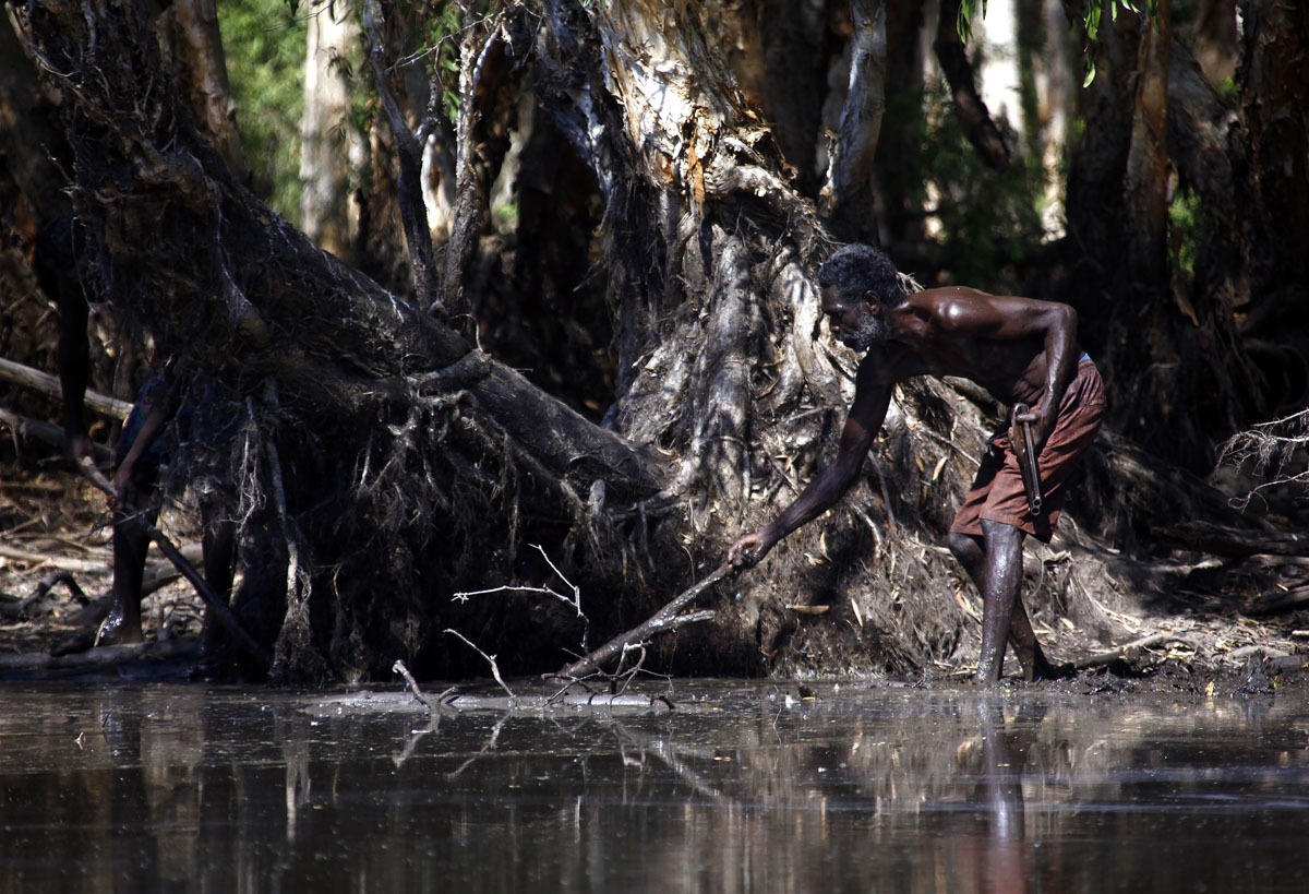 Australian Aboriginal hunter Roy Gaykamangu of the Yolngu people uses a