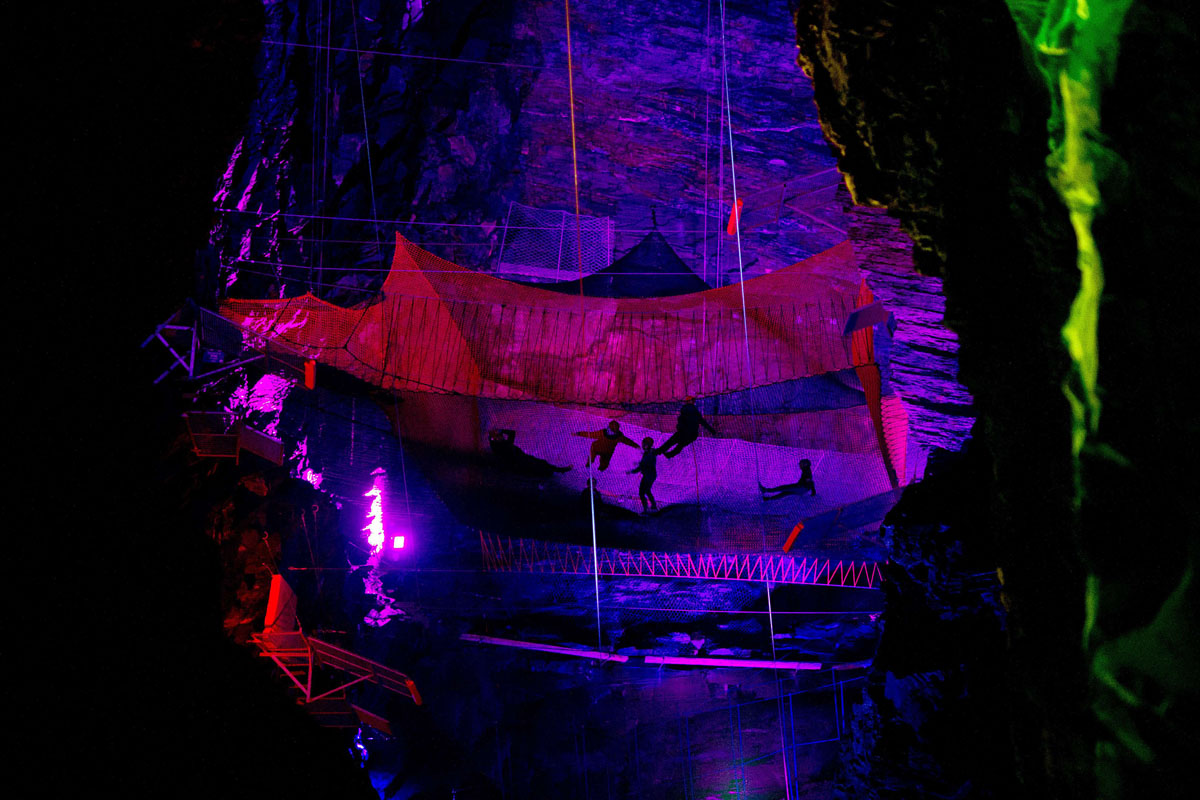 Trampolines, zip lines and slides in an abandoned slate mine