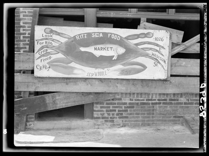 Seafood sign. Baltimore, Maryland. (John Vachon / July 1938)