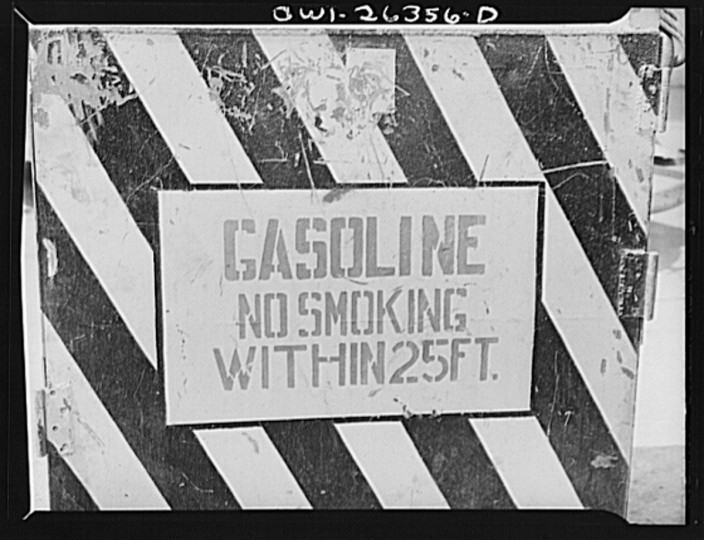 Bethlehem-Fairfield shipyards, Baltimore, Maryland. A safety sign concerning gasoline truck. (Arthur S. Siegel / May 1943)