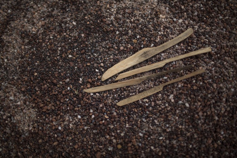 In this Nov. 13, 2015 photo, handmade wooden knifes, used to move small rocks in search of diamonds, sit in Areinha, Minas Gerais state, Brazil. The identification of the diamonds is a hairsplitting task, and sometimes artisanal miners work for a month until they get to the final stage where the precious stones can be found. (AP Photo/Felipe Dana)