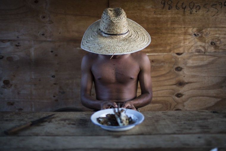 In this Nov. 17, 2015 photo, artisanal diamond miner Rafael sits down to eat fish in Areinha, Minas Gerais state, Brazil. Locals estimate there are hundreds of people across the region digging for diamonds in groups of 10 or less. They live in wooden huts without electricity and bathe with water in buckets, barely surviving without a stable income. On rare occasions miners enjoy a windfall of tens of thousands of dollars. (AP Photo/Felipe Dana)